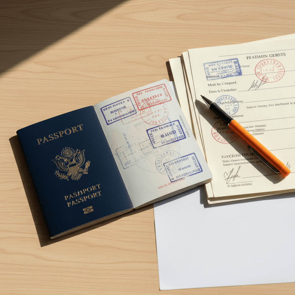 Documents and passport on a desk for customs clearance